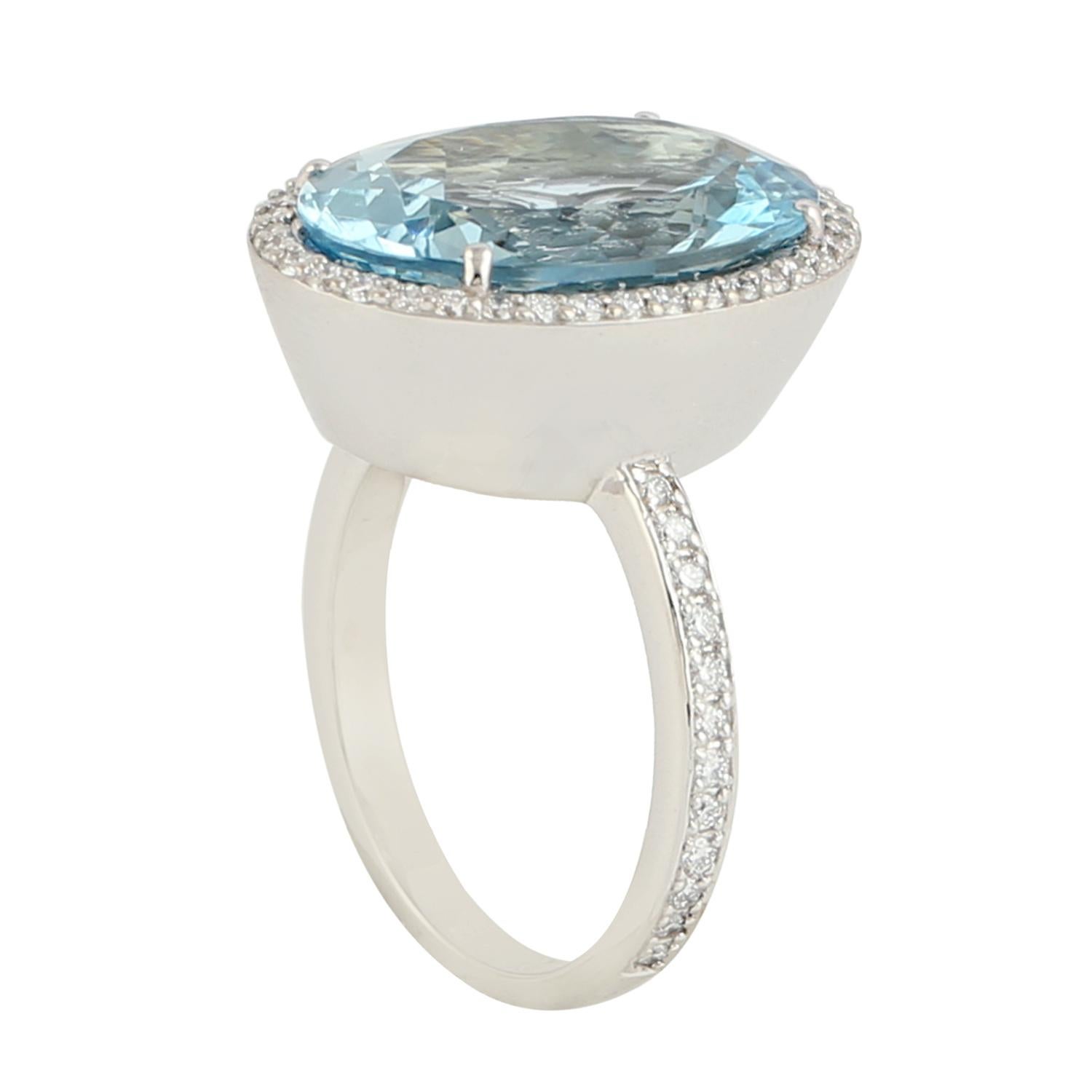 Artisan Aquamarine Cocktail Ring With Diamonds Made In 18k White Gold