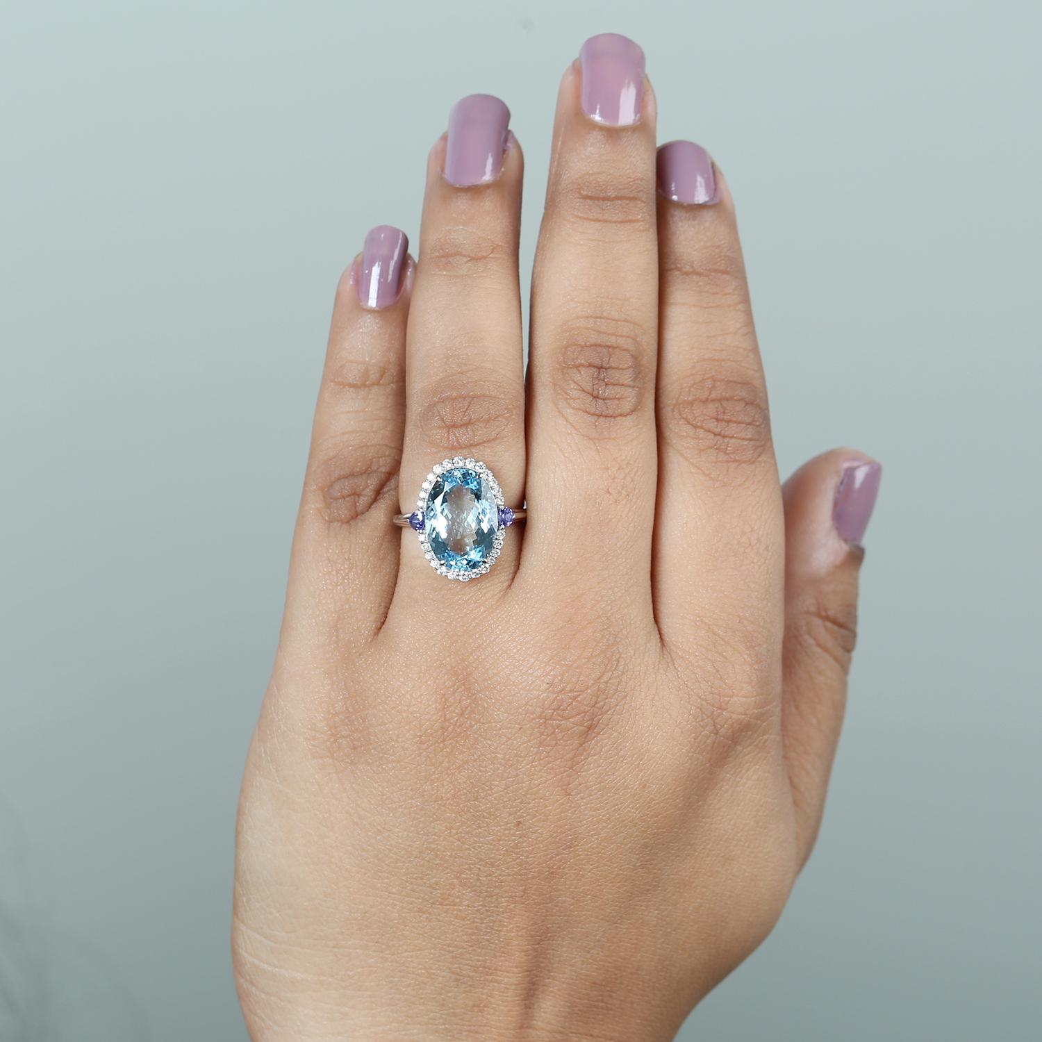 Artisan Aquamarine Cocktail Ring With Tanzanite & Diamonds Made In 18k White Gold For Sale