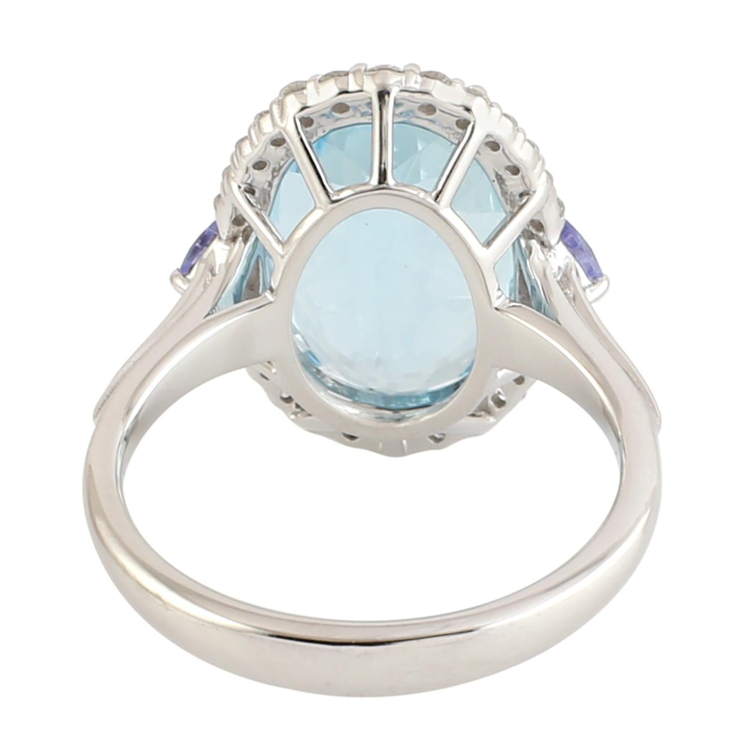 Mixed Cut Aquamarine Cocktail Ring With Tanzanite & Diamonds Made In 18k White Gold For Sale
