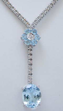 Aquamarine Colour Topaz, Diamonds, 14 Karat White Gold Tennis Necklace.