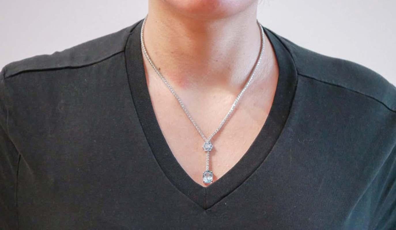 Aquamarine Colour Topaz, Diamonds, 14 Karat White Gold Tennis Necklace. In Good Condition For Sale In Marcianise, Marcianise (CE)