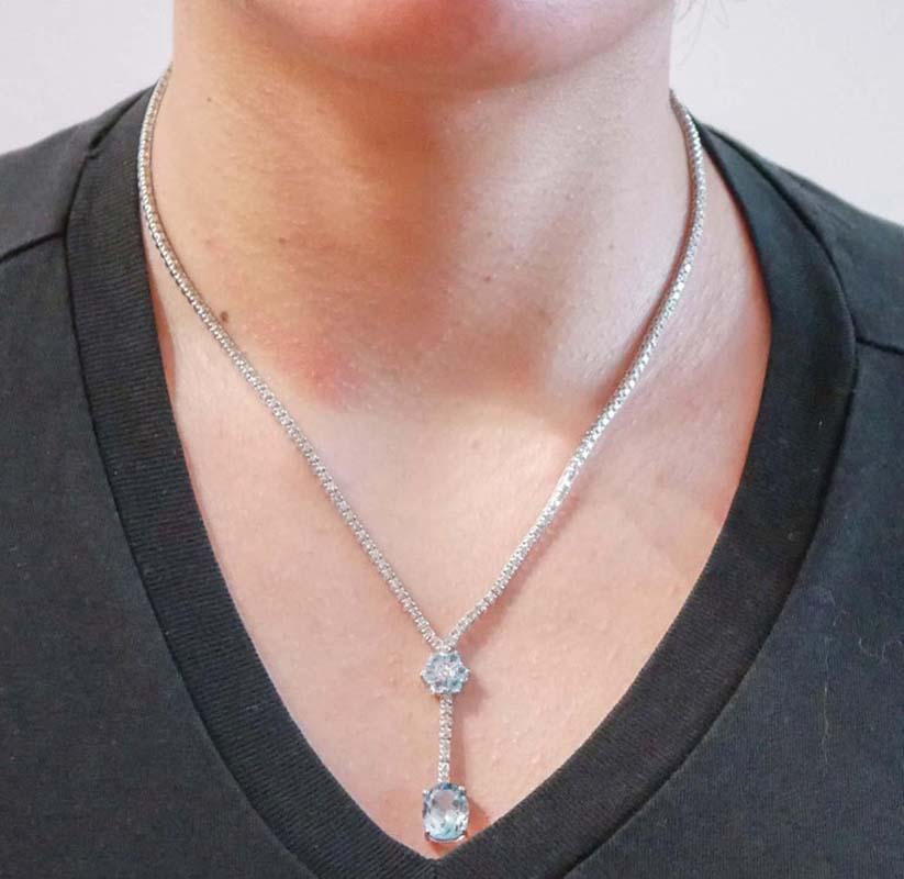 Women's Aquamarine Colour Topaz, Diamonds, 14 Karat White Gold Tennis Necklace. For Sale