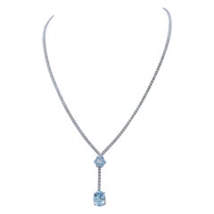 Aquamarine Colour Topaz, Diamonds, 14 Karat White Gold Tennis Necklace.