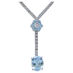 Aquamarine Colour Topaz, Diamonds, 14 Karat White Gold Tennis Necklace.