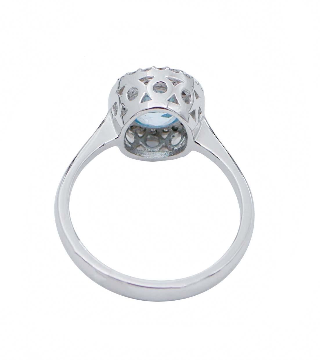 Mixed Cut Aquamarine Colour Topaz, Diamonds, 18 Karat White Gold Modern Ring For Sale
