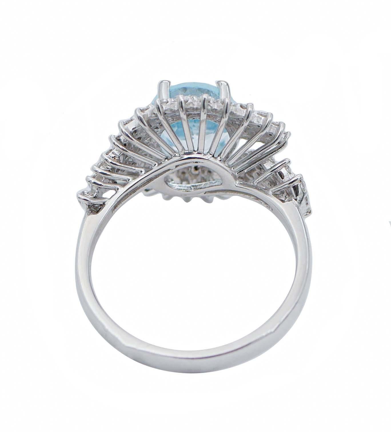 Mixed Cut Aquamarine Colour Topaz, Diamonds, 18 Karat White Gold Modern Ring For Sale