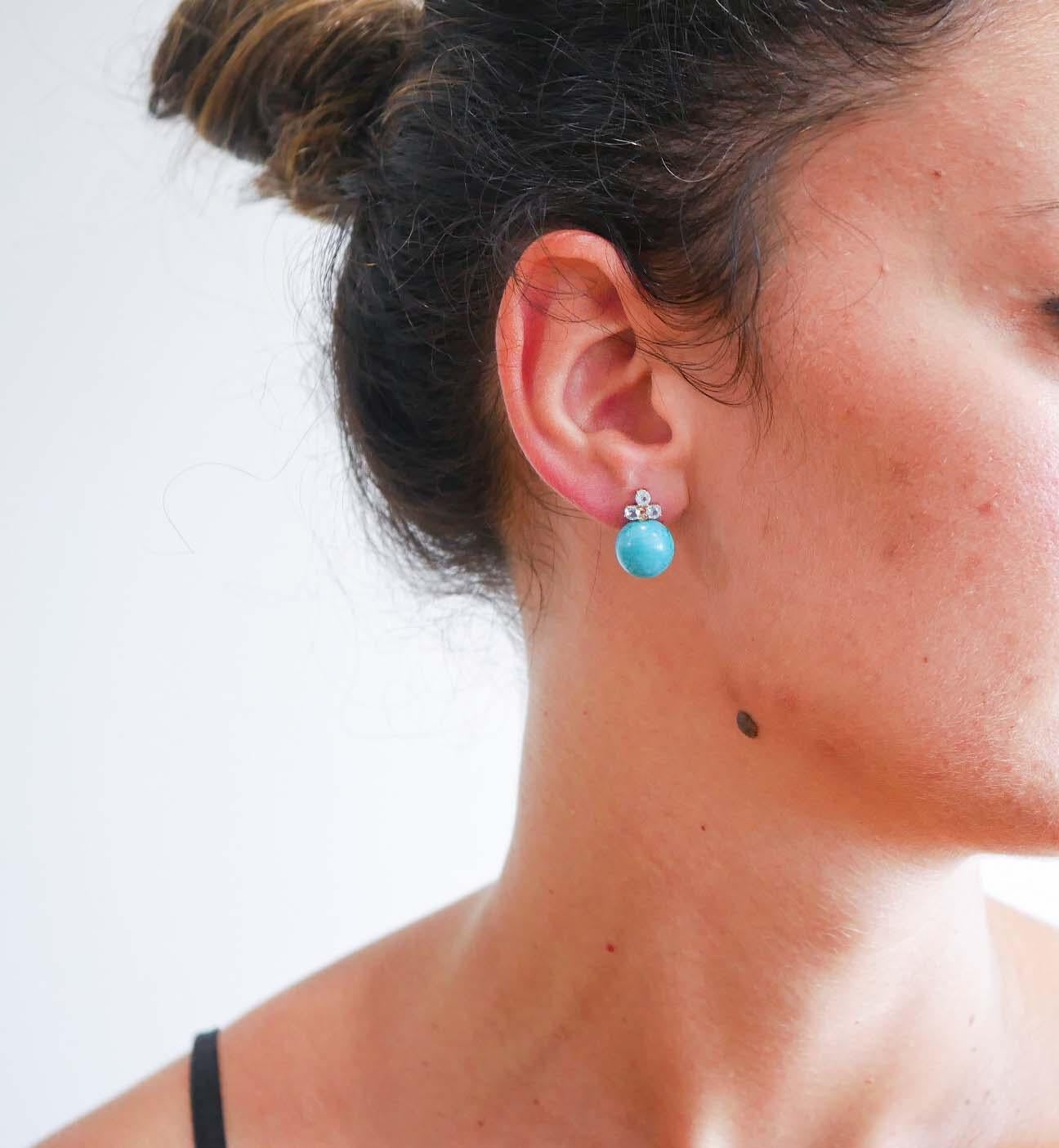 Taille mixte Boucles d'oreilles aigue-marine couleur topaze, diamants, magnésite, or rose 14 carats. en vente