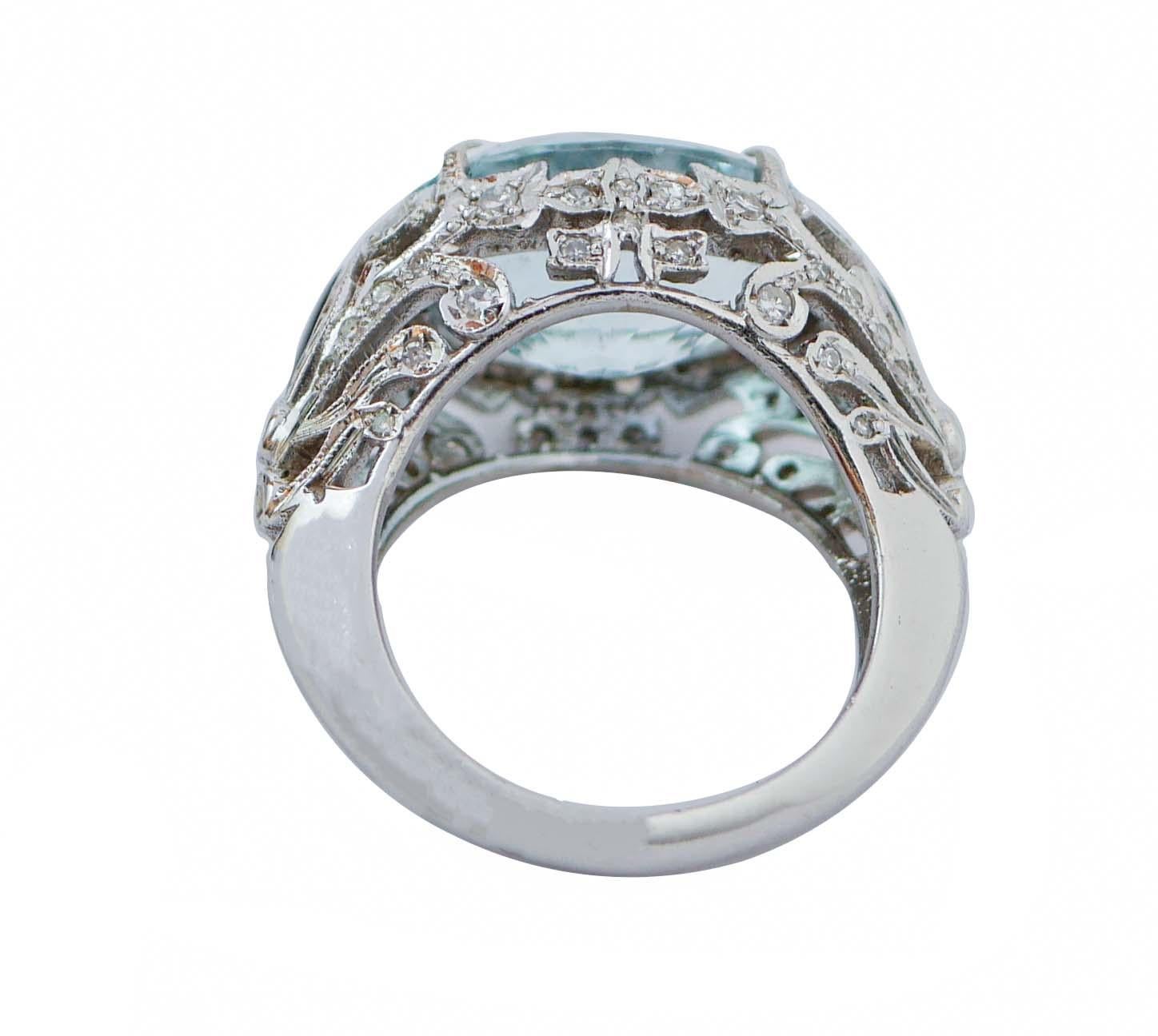Retro Aquamarine Colour Topaz, Diamonds, Onyx, 14 Karat White Gold Ring. For Sale