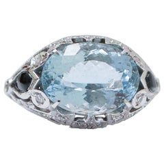 Ring aus 14 Karat Weißgold mit Aquamarin in Farbe Topas, Diamanten, Onyx und Onyx.