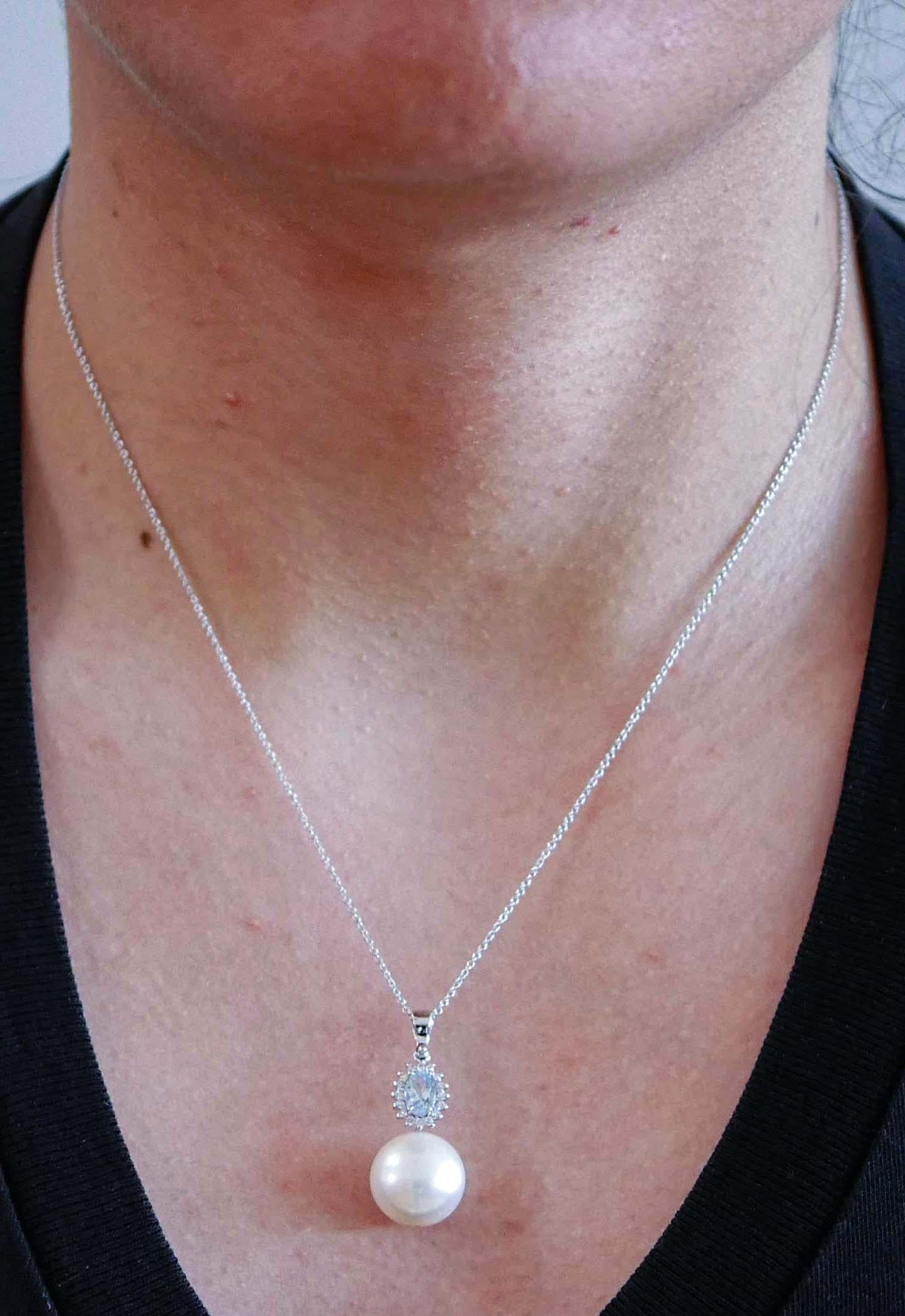 Women's Aquamarine Colour Topaz, Diamonds, Pearl, 18 Karat White Gold Pendant Necklace. For Sale