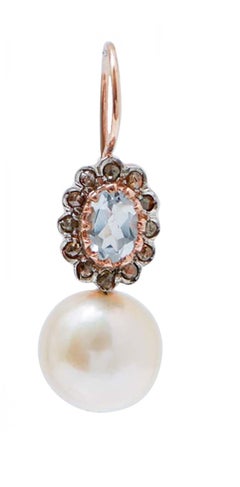Aquamarine Colour Topaz, Diamonds, Pearls, Rose Gold and Silver Earrings.