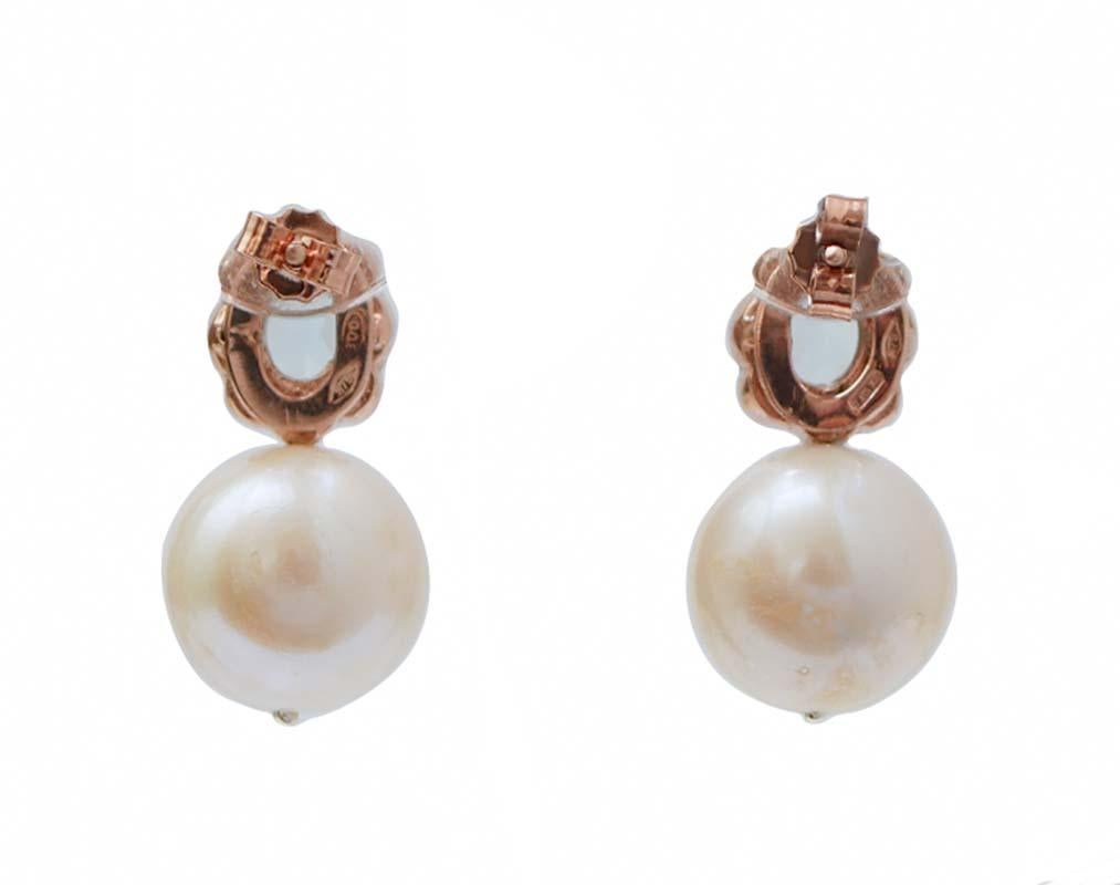 Retro Aquamarine Colour Topaz, Diamonds, Pearls, Rose Gold and Silver Earrings. For Sale