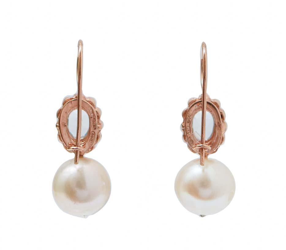 Retro Aquamarine Colour Topaz, Diamonds, Pearls, Rose Gold and Silver Earrings. For Sale