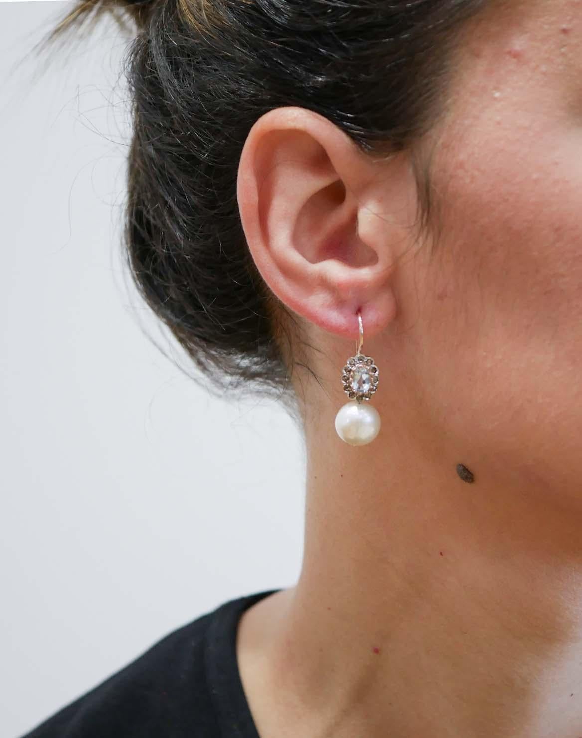 Mixed Cut Aquamarine Colour Topaz, Diamonds, Pearls, Rose Gold and Silver Earrings. For Sale