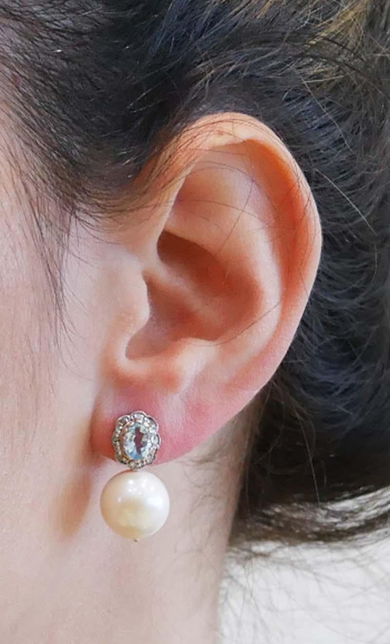 Aquamarine Colour Topaz, Diamonds, Pearls, Rose Gold and Silver Earrings. In Good Condition For Sale In Marcianise, Marcianise (CE)