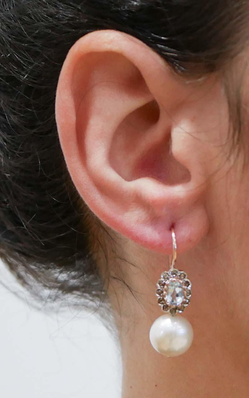 Aquamarine Colour Topaz, Diamonds, Pearls, Rose Gold and Silver Earrings. In New Condition For Sale In Marcianise, Marcianise (CE)