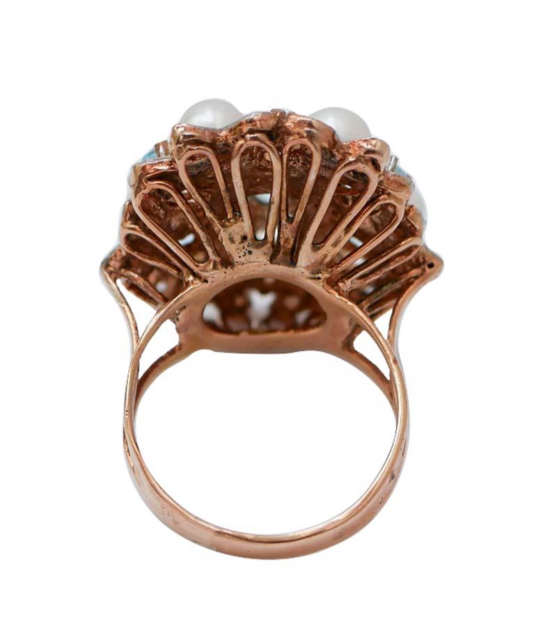 Retro Aquamarine Colour Topaz, Diamonds, Pearls, Rose Gold and Silver Ring. For Sale