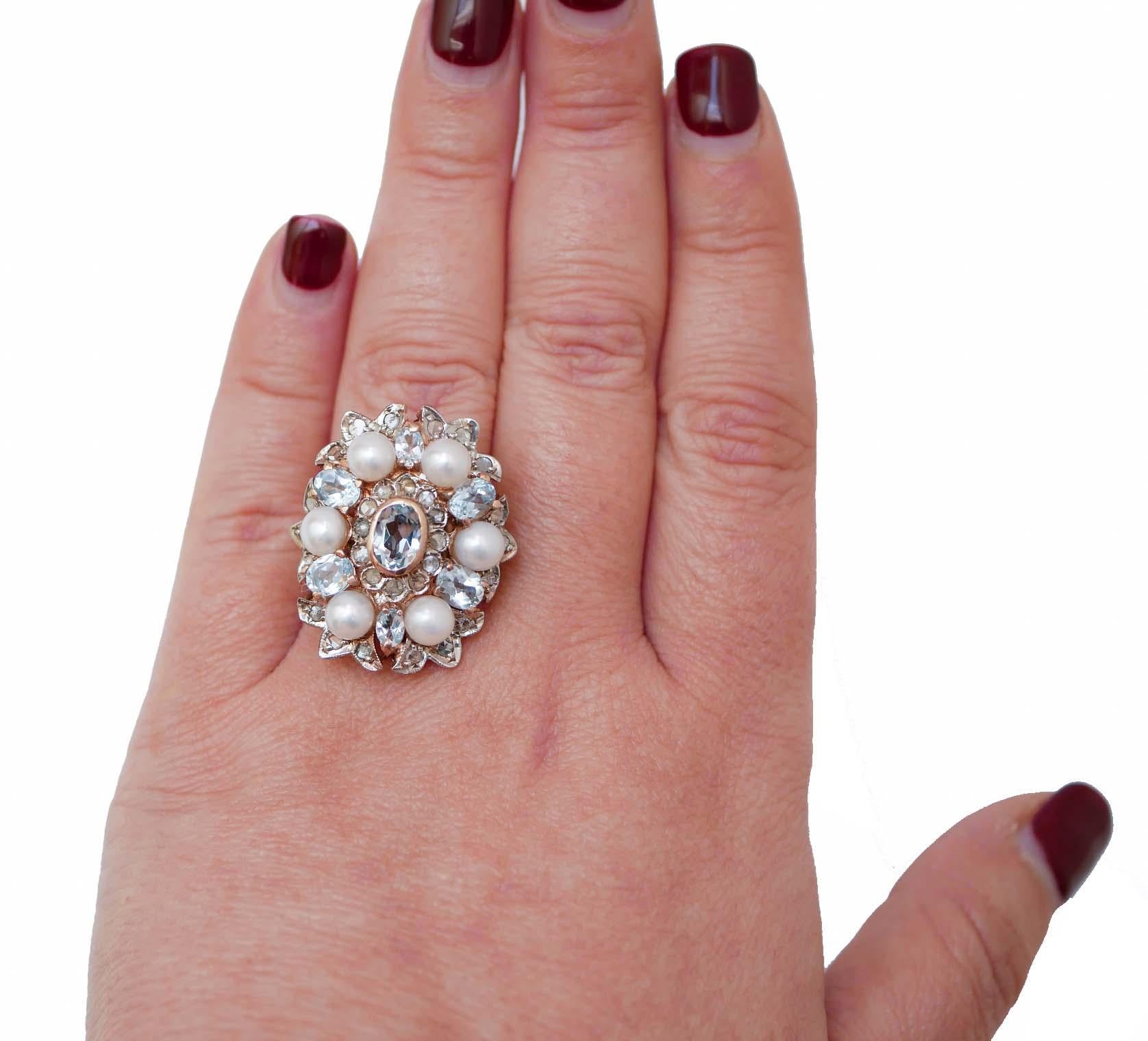 Mixed Cut Aquamarine Colour Topaz, Diamonds, Pearls, Rose Gold and Silver Ring. For Sale