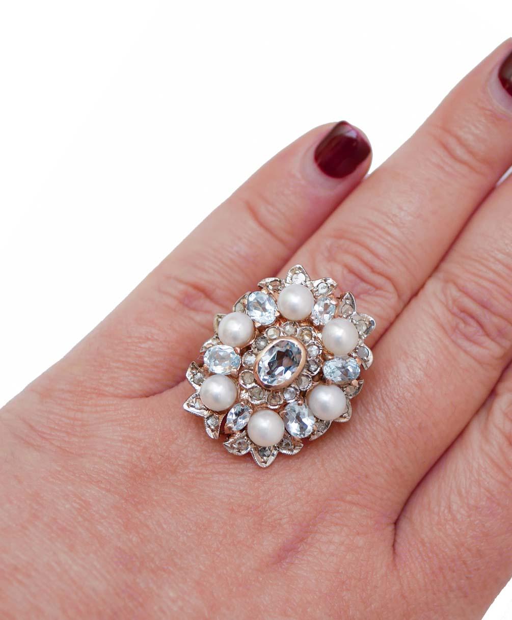 Aquamarine Colour Topaz, Diamonds, Pearls, Rose Gold and Silver Ring. In Good Condition For Sale In Marcianise, Marcianise (CE)