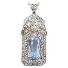 Aquamarine Colour Topaz, Diamonds, 18 Karat White Gold Pendant Necklace.