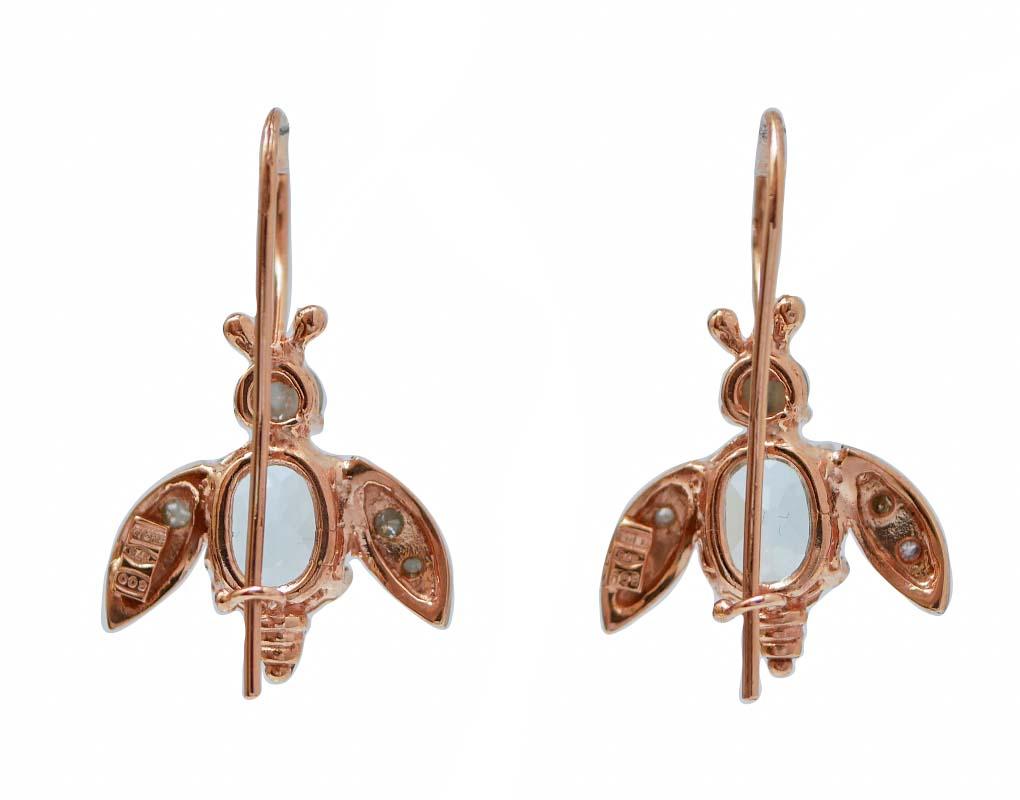 Retro Aquamarine Colour Topaz, Diamonds, Rose Gold and Silver Fly Earrings.