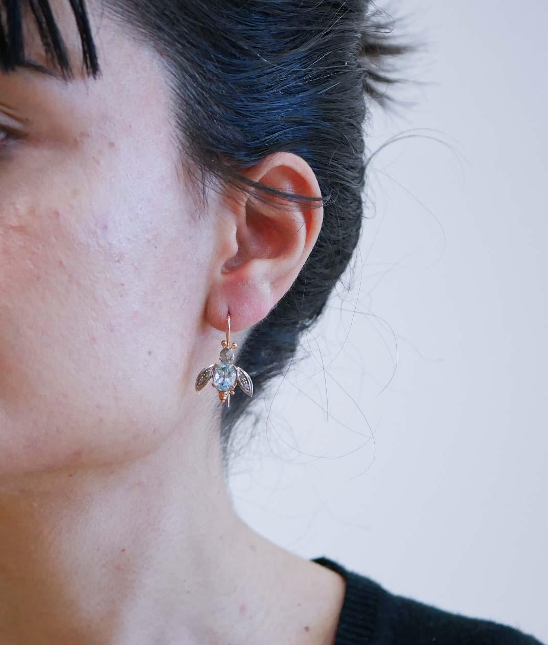 Mixed Cut Aquamarine Colour Topaz, Diamonds, Rose Gold and Silver Fly Earrings.