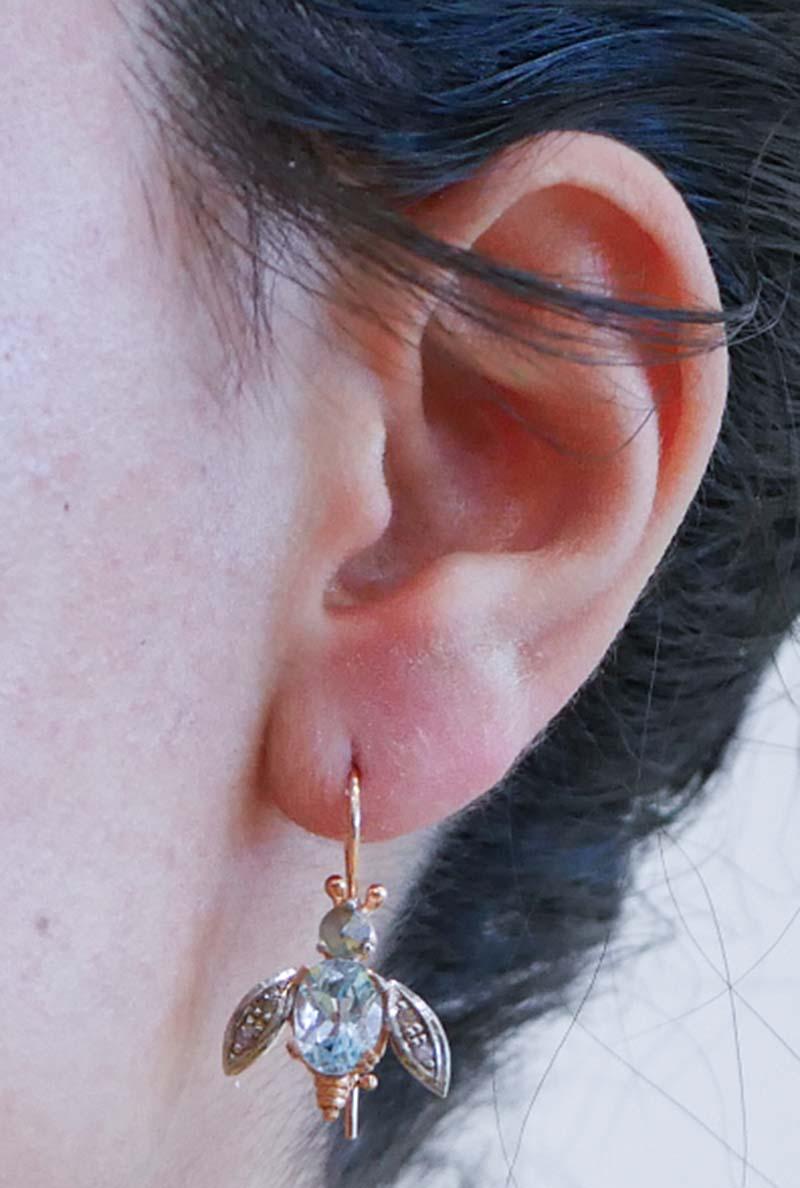 Aquamarine Colour Topaz, Diamonds, Rose Gold and Silver Fly Earrings. In Good Condition In Marcianise, Marcianise (CE)