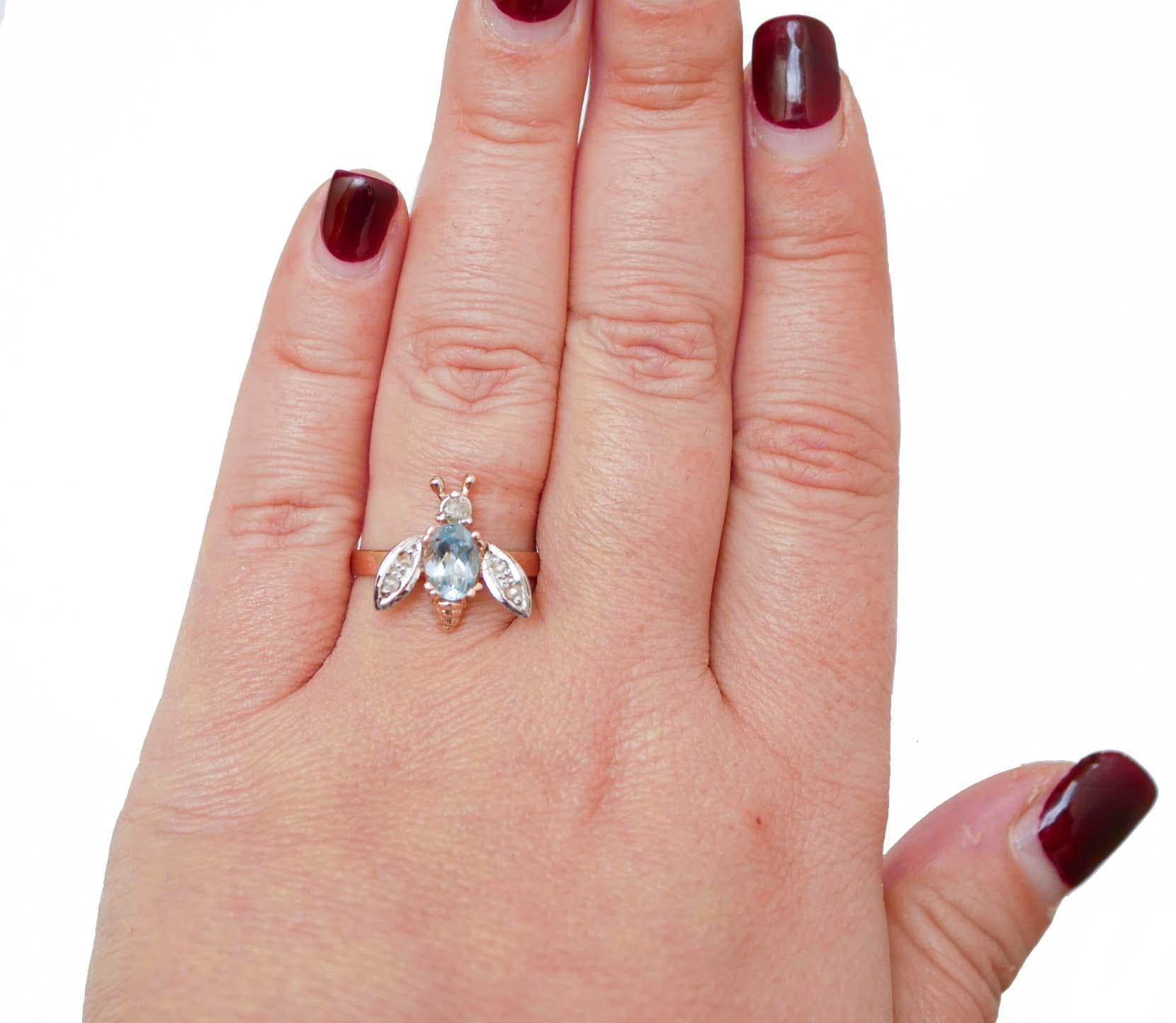 Mixed Cut Aquamarine Colour Topaz, Diamonds, Rose Gold and Silver Fly Ring.