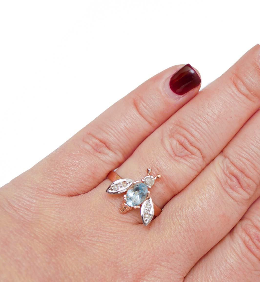 Aquamarine Colour Topaz, Diamonds, Rose Gold and Silver Fly Ring. In Good Condition In Marcianise, Marcianise (CE)