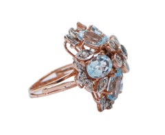 Aquamarine Colour Topaz, Diamonds, Rose Gold and Silver Ring.