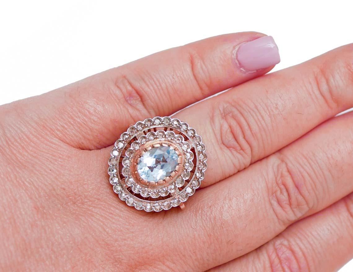 Aquamarine Colour Topaz, Diamonds, Rose Gold and Silver Ring. Bon état - En vente à Marcianise, Marcianise (CE)