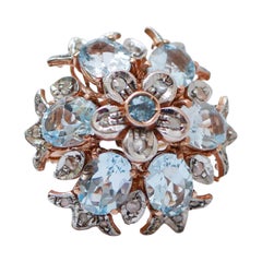 Aquamarine Colour Topaz, Diamonds, Rose Gold and Silver Ring.