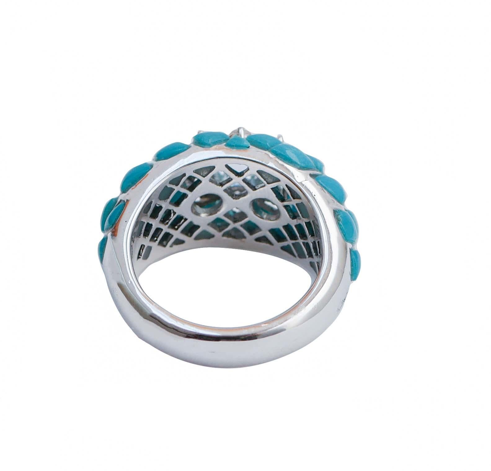 Retro Aquamarine Colour Topaz, Diamonds, Turquoise, 18 Karat White Gold Ring. For Sale