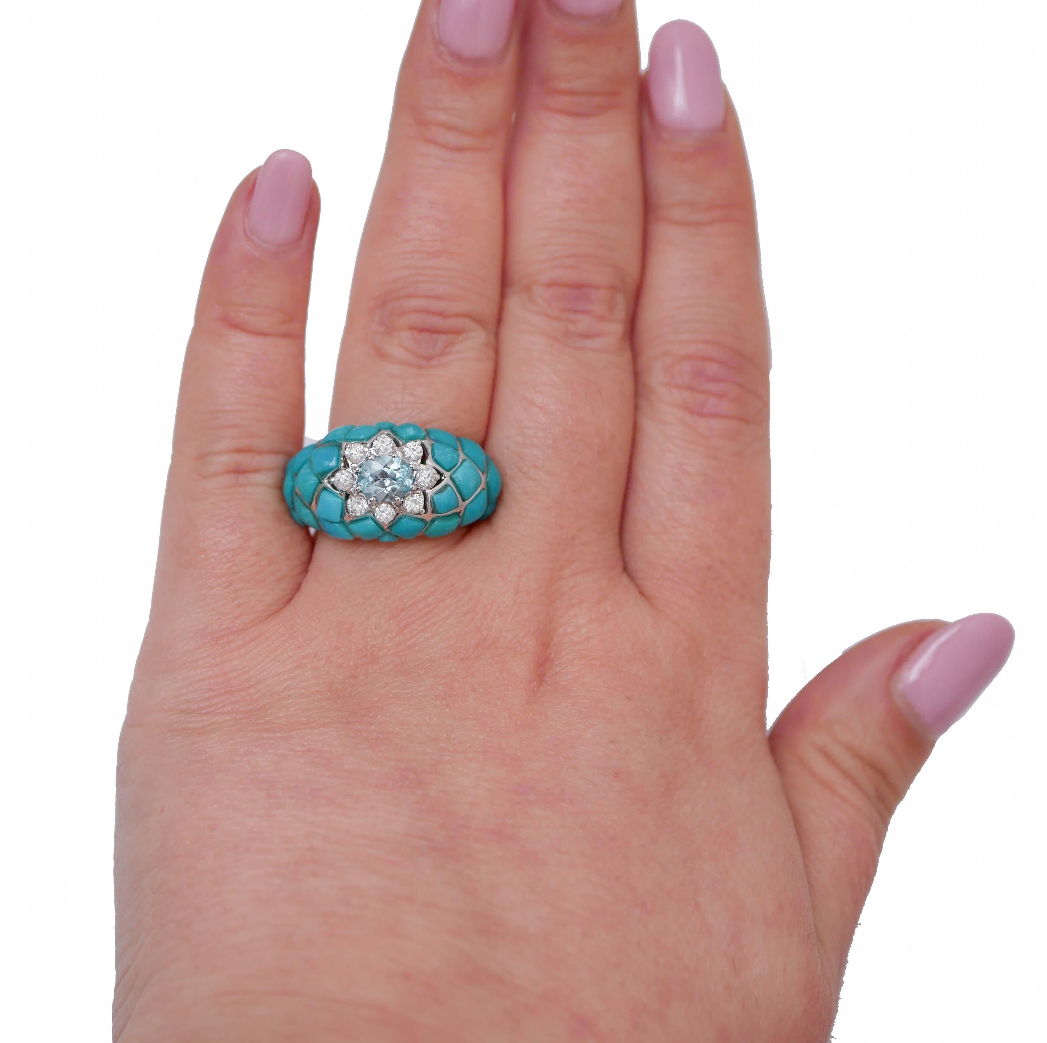 Mixed Cut Aquamarine Colour Topaz, Diamonds, Turquoise, 18 Karat White Gold Ring. For Sale