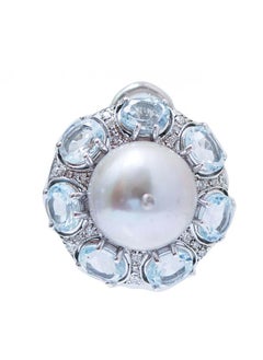Aquamarine Colour Topaz, Grey Pearl, Diamonds, 14 Karat White Gold Earrings.