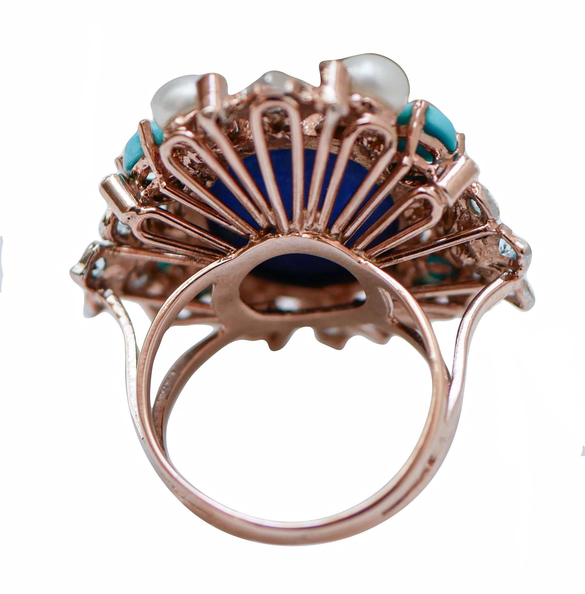 Retro Aquamarine Colour Topaz, Lapis, Turquoise, Diamonds, Pearl Gold and Silver Ring  For Sale