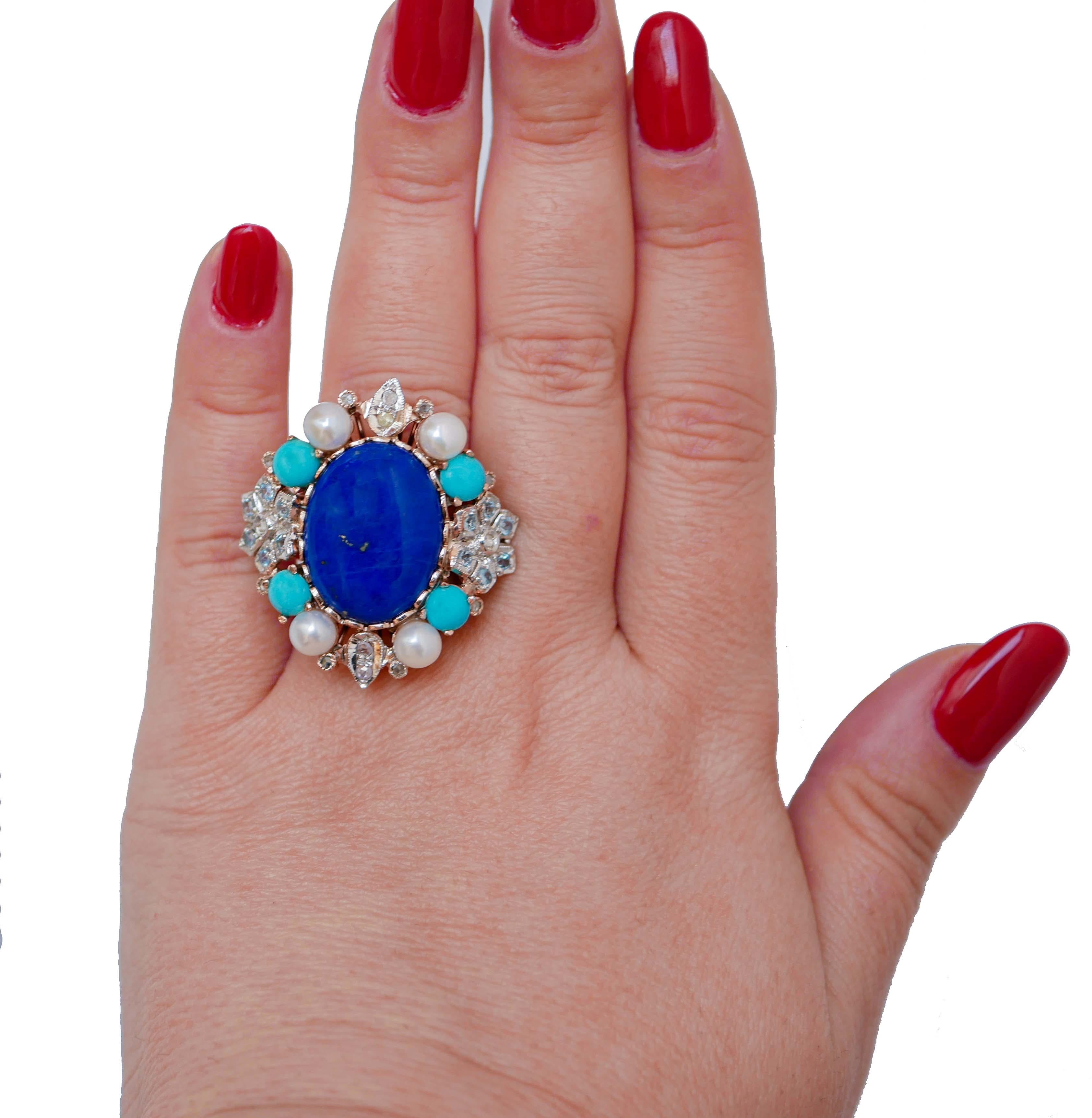 Mixed Cut Aquamarine Colour Topaz, Lapis, Turquoise, Diamonds, Pearl Gold and Silver Ring  For Sale
