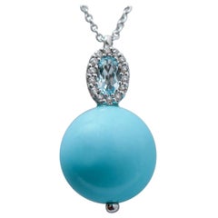 Aquamarine Colour Topaz, Magnesite, Diamonds, 18 Kt White Gold Pendant Necklace.