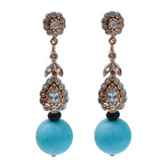 Aquamarine Colour Topaz, Magnesite, Diamonds, Onyx Gold and Silver Earrings.