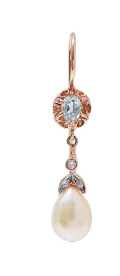 Aquamarine Colour Topaz, Pearls, Diamonds, Rose Gold and Silver Earrings.