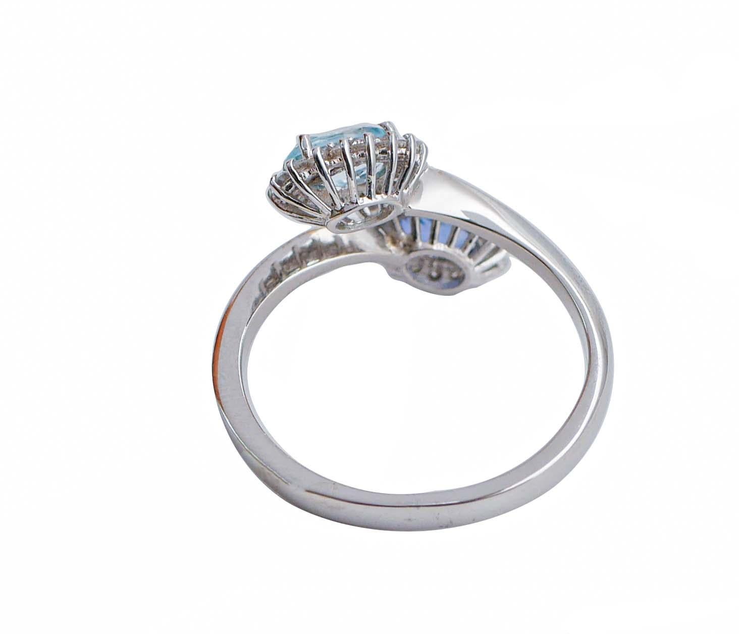 Modern Aquamarine Colour Topaz, Sapphire, Diamonds, 18 Karat White Gold Ring For Sale