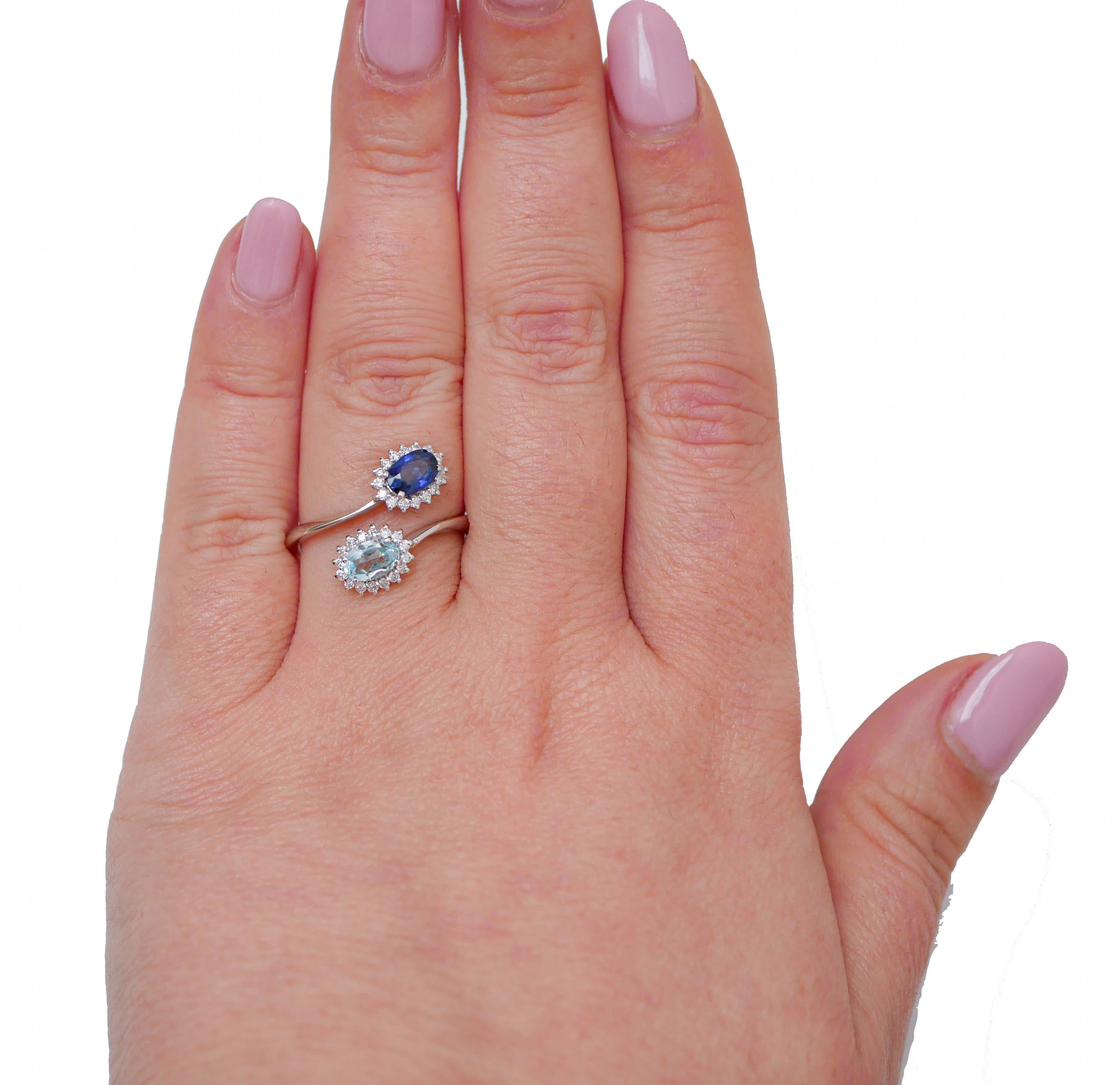 Mixed Cut Aquamarine Colour Topaz, Sapphire, Diamonds, 18 Karat White Gold Ring For Sale