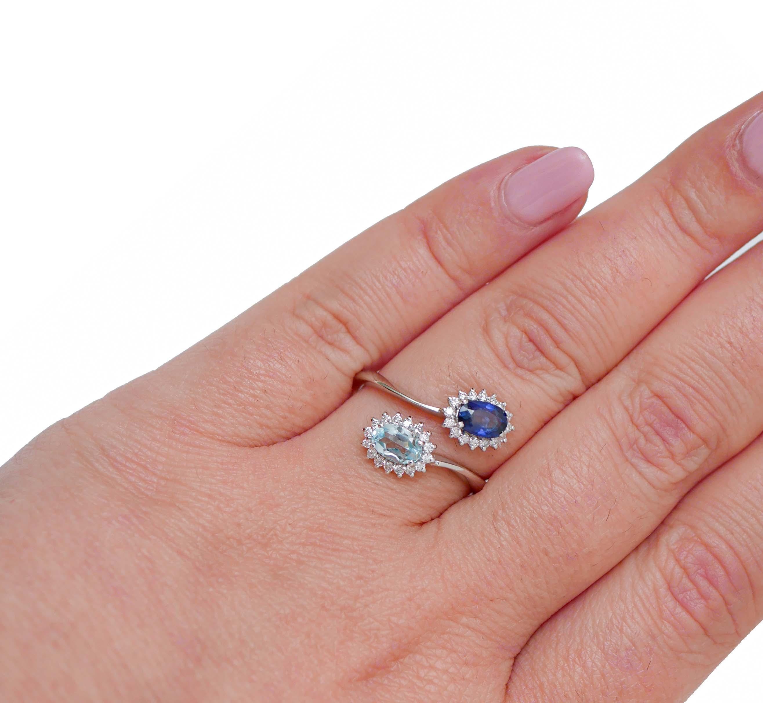 Aquamarine Colour Topaz, Sapphire, Diamonds, 18 Karat White Gold Ring In New Condition For Sale In Marcianise, Marcianise (CE)
