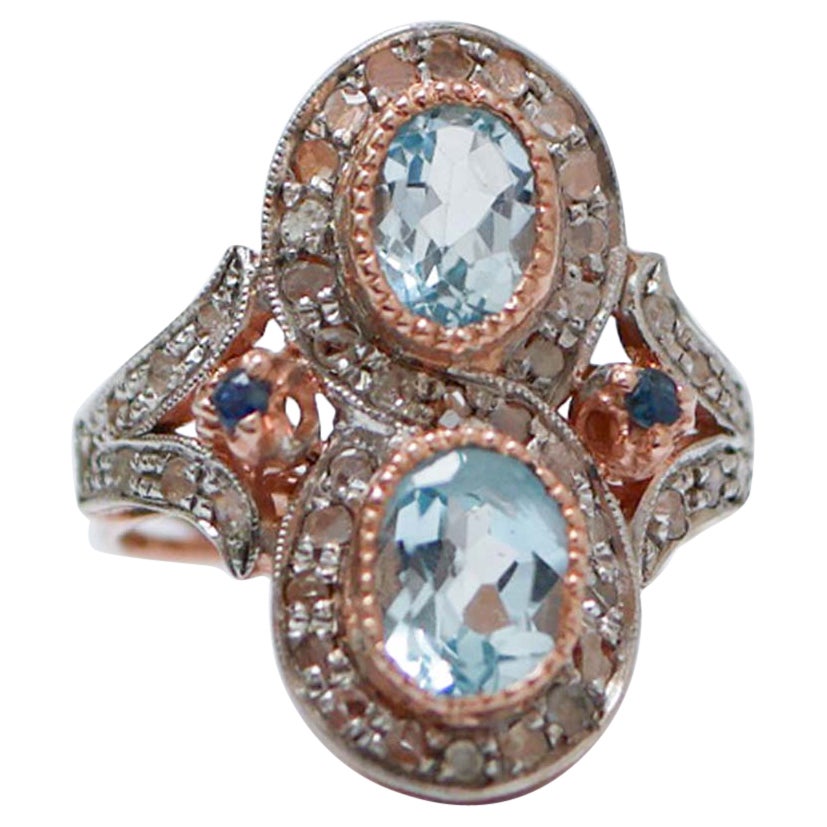 Aquamarine Colour Topaz, Sapphires, Diamonds, Rose Gold and Silver Ring. For Sale