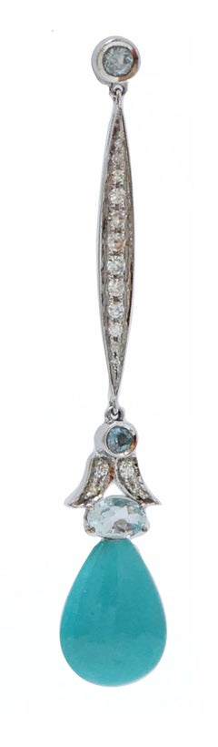 Orecchini con acquamarina, topazio, turchese, diamanti, oro bianco 14 carati.