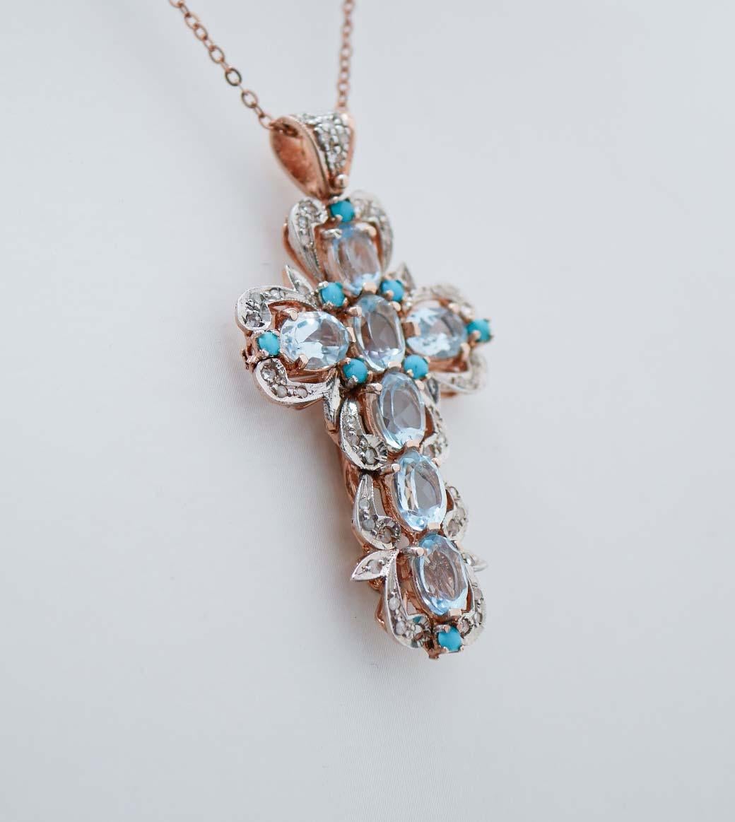 Retro Aquamarine Colour Topaz, Turquoise, Diamonds, Gold and Silver Pendant Necklace