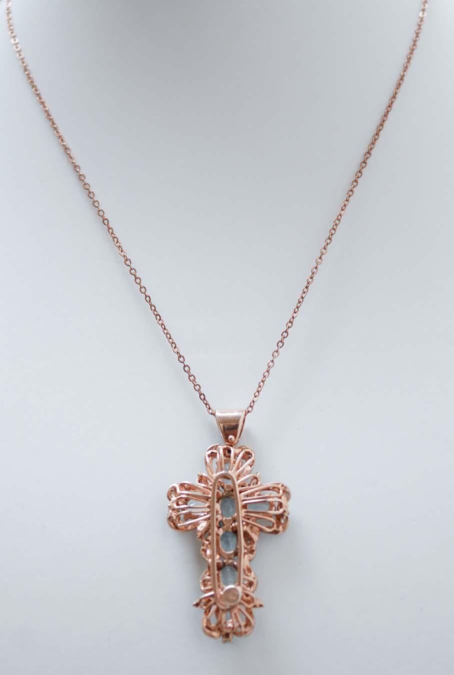 Mixed Cut Aquamarine Colour Topaz, Turquoise, Diamonds, Gold and Silver Pendant Necklace