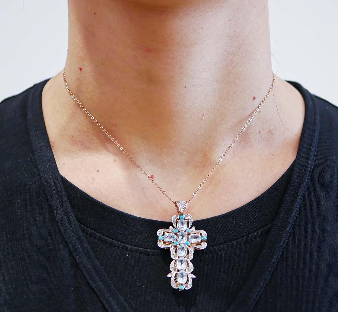 Women's Aquamarine Colour Topaz, Turquoise, Diamonds, Gold and Silver Pendant Necklace
