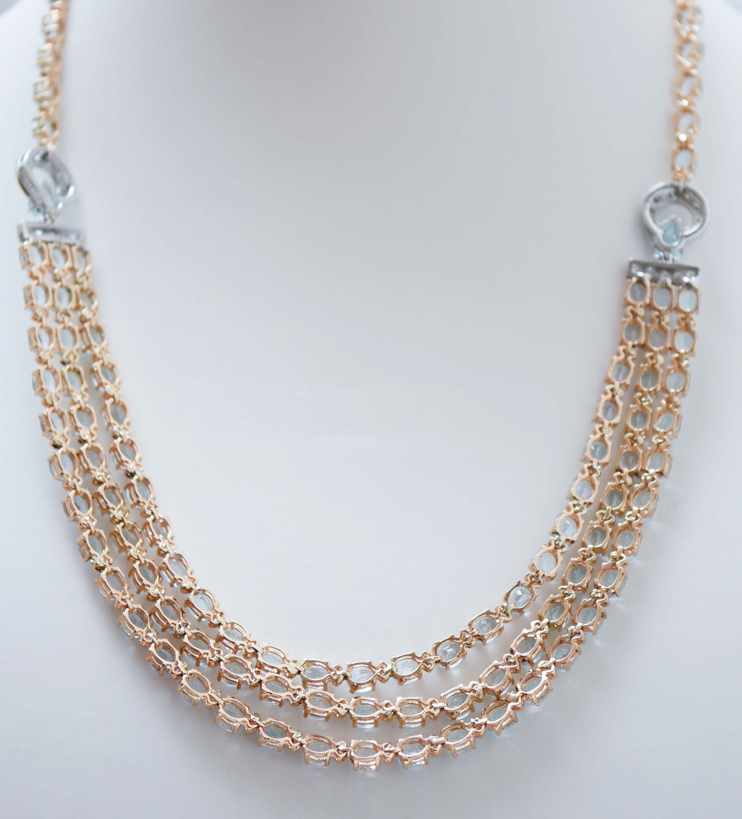 Retro Aquamarine Colour Topazs, Diamonds, 14 Karat White and Rose Gold Necklace For Sale