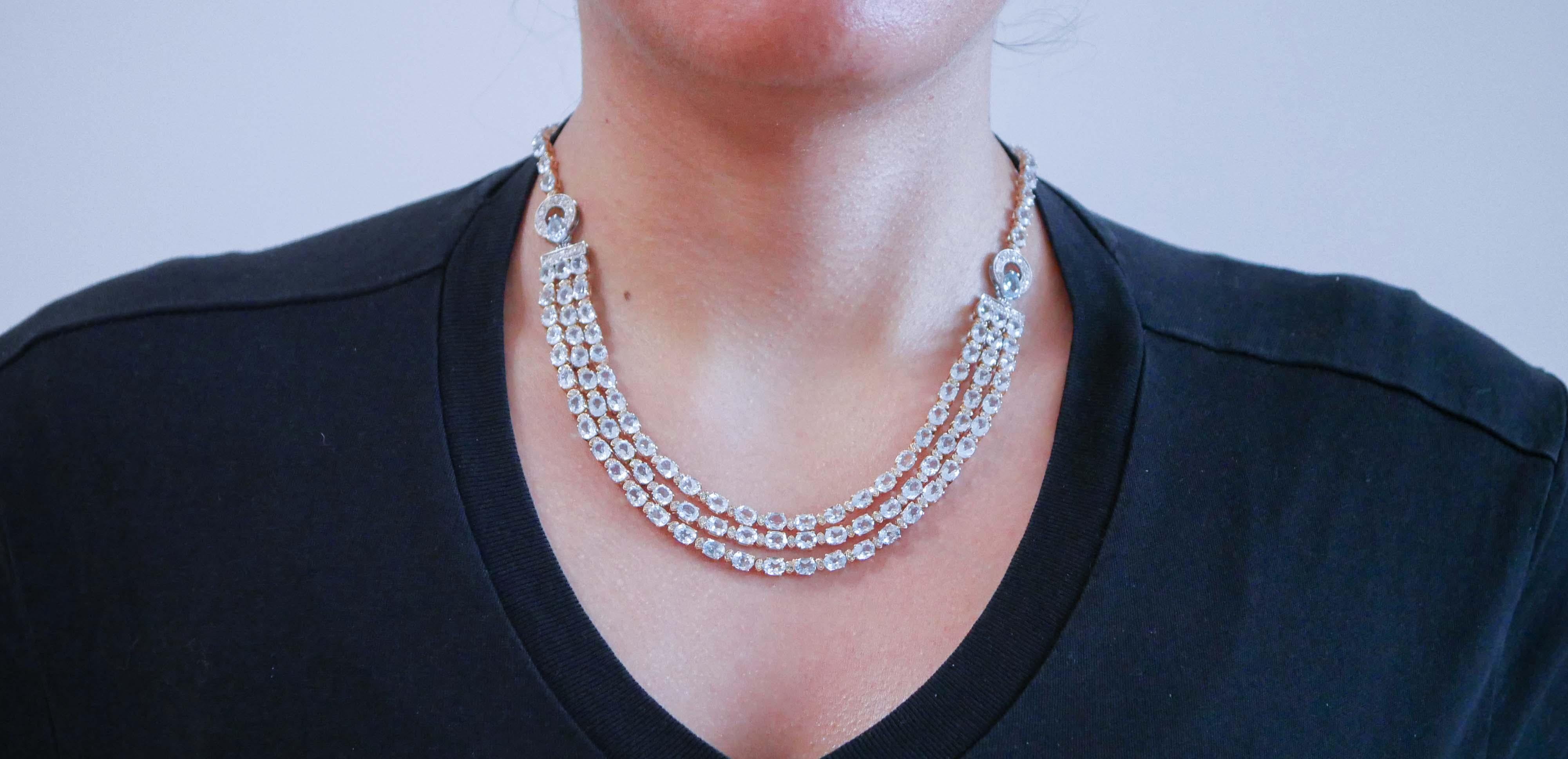 Mixed Cut Aquamarine Colour Topazs, Diamonds, 14 Karat White and Rose Gold Necklace For Sale